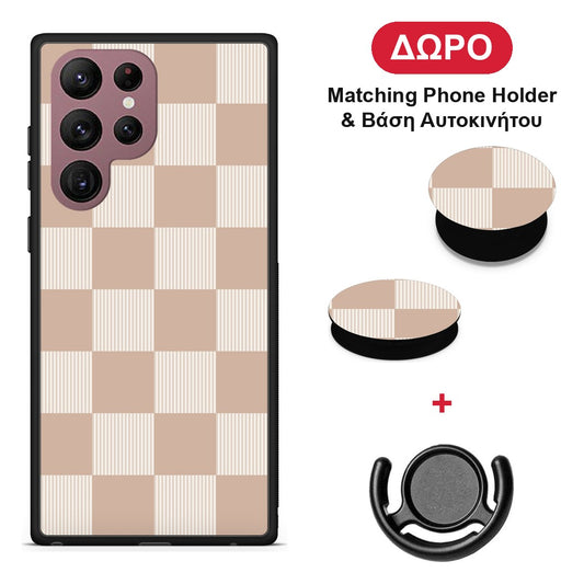 Latte and Cream Striped Checks - Samsung Galaxy S22 Ultra θήκη + Δώρο Phone Holder & Βάση Αυτοκινήτου