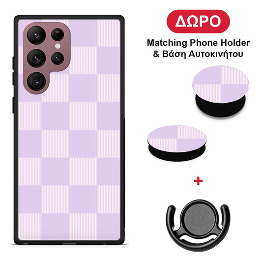 Lilac and Cream Striped Checks - Samsung Galaxy S22 Ultra θήκη + Δώρο Phone Holder & Βάση Αυτοκινήτου