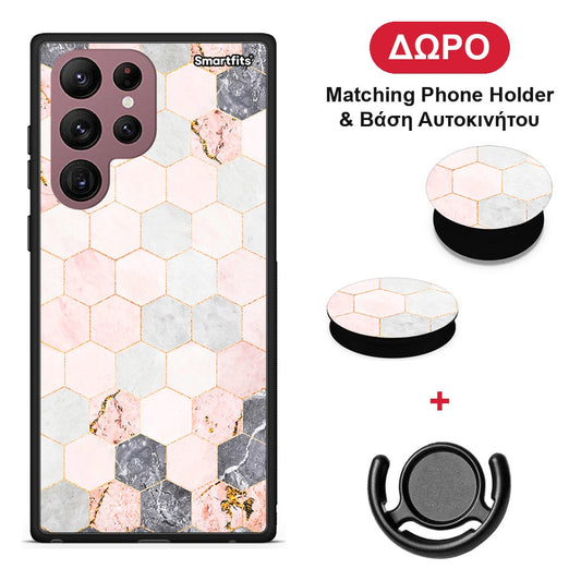 Marble Hexagon Pink - Samsung Galaxy S22 Ultra θήκη + Δώρο Phone Holder & Βάση Αυτοκινήτου