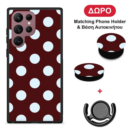 Pale Blue Large Polka Dots on Burgundy - Samsung Galaxy S22 Ultra θήκη + Δώρο Phone Holder & Βάση Αυτοκινήτου