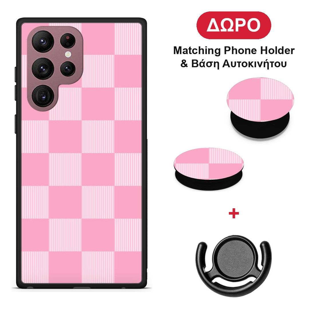 Pink and White Striped Checks - Samsung Galaxy S22 Ultra θήκη + Δώρο Phone Holder & Βάση Αυτοκινήτου