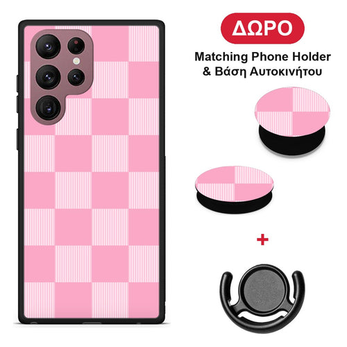 Pink and White Striped Checks - Samsung Galaxy S22 Ultra θήκη + Δώρο Phone Holder & Βάση Αυτοκινήτου