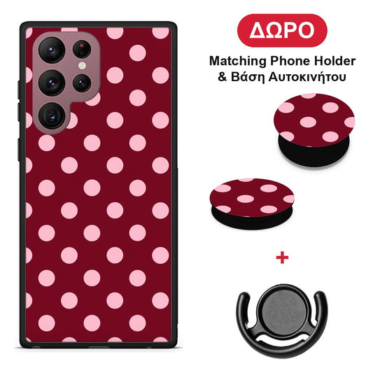Pink Polka Dots on Burgundy - Samsung Galaxy S22 Ultra θήκη + Δώρο Phone Holder & Βάση Αυτοκινήτου