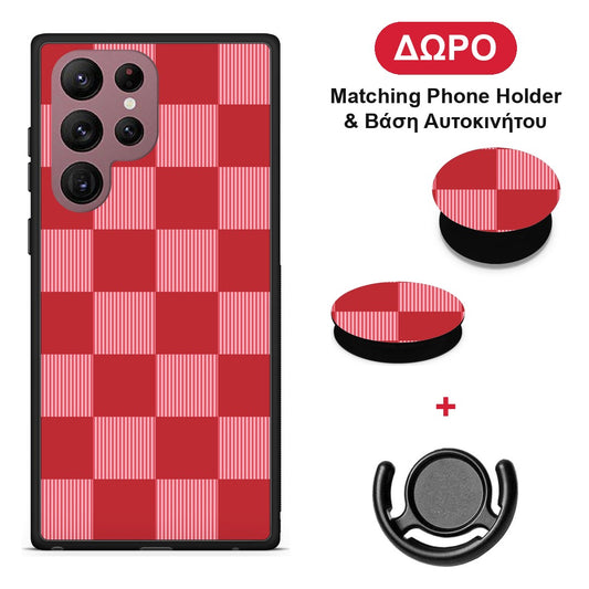 Red and Pink Striped Checks - Samsung Galaxy S22 Ultra θήκη + Δώρο Phone Holder & Βάση Αυτοκινήτου