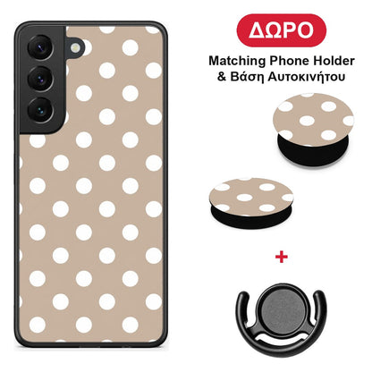 White Polka Dots on Taupe - Samsung Galaxy S22 θήκη + Δώρο Phone Holder & Βάση Αυτοκινήτου