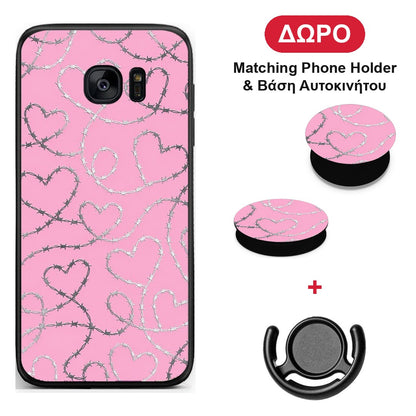 Barbed Wire Hearts on Pink - Samsung Galaxy S7 θήκη + Δώρο Phone Holder & Βάση Αυτοκινήτου
