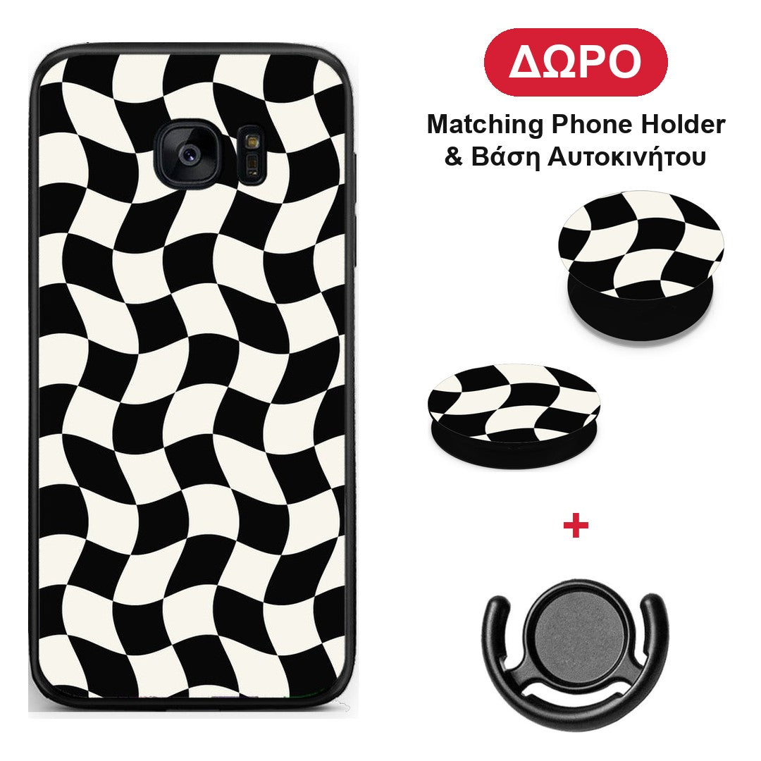 Black and Cream Wavy Checkerboard - Samsung Galaxy S7 θήκη + Δώρο Phone Holder & Βάση Αυτοκινήτου