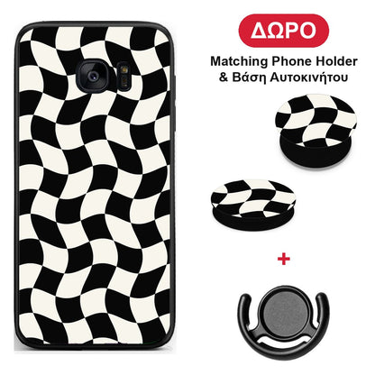 Black and Cream Wavy Checkerboard - Samsung Galaxy S7 θήκη + Δώρο Phone Holder & Βάση Αυτοκινήτου