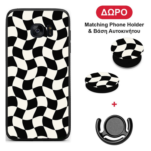 Black and Cream Wavy Checkerboard - Samsung Galaxy S7 θήκη + Δώρο Phone Holder & Βάση Αυτοκινήτου
