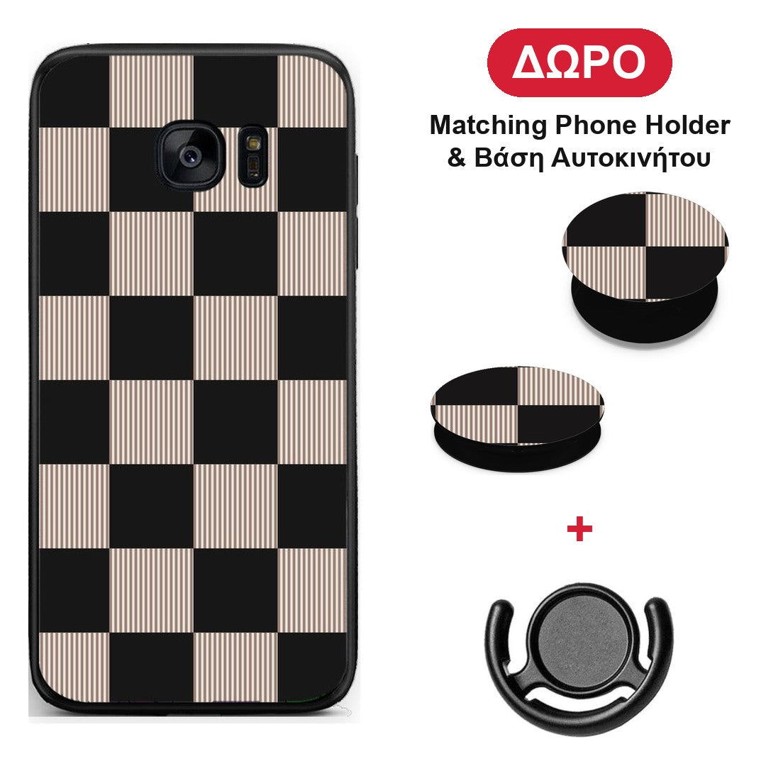 Black and Taupe Striped Checks - Samsung Galaxy S7 θήκη + Δώρο Phone Holder & Βάση Αυτοκινήτου