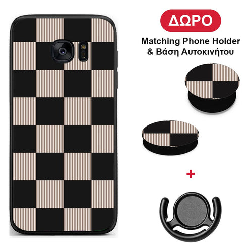 Black and Taupe Striped Checks - Samsung Galaxy S7 θήκη + Δώρο Phone Holder & Βάση Αυτοκινήτου