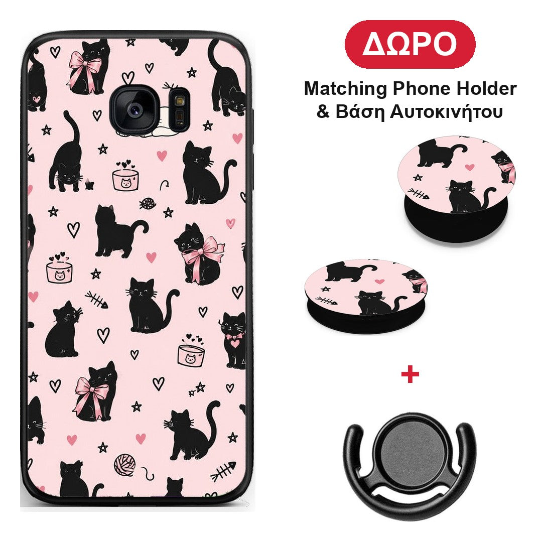 Black Cat Doodles on Pink - Samsung Galaxy S7 θήκη + Δώρο Phone Holder & Βάση Αυτοκινήτου