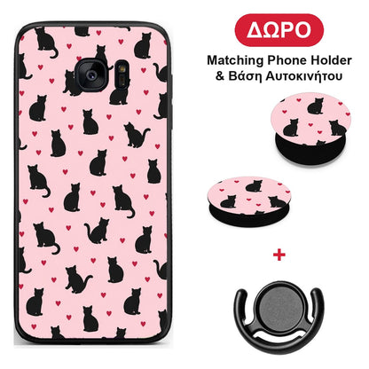 Black Cat Silhouettes and Hearts on Pink - Samsung Galaxy S7 θήκη + Δώρο Phone Holder & Βάση Αυτοκινήτου