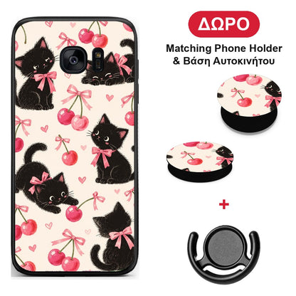 Black Kittens and Cherries on Cream - Samsung Galaxy S7 θήκη + Δώρο Phone Holder & Βάση Αυτοκινήτου