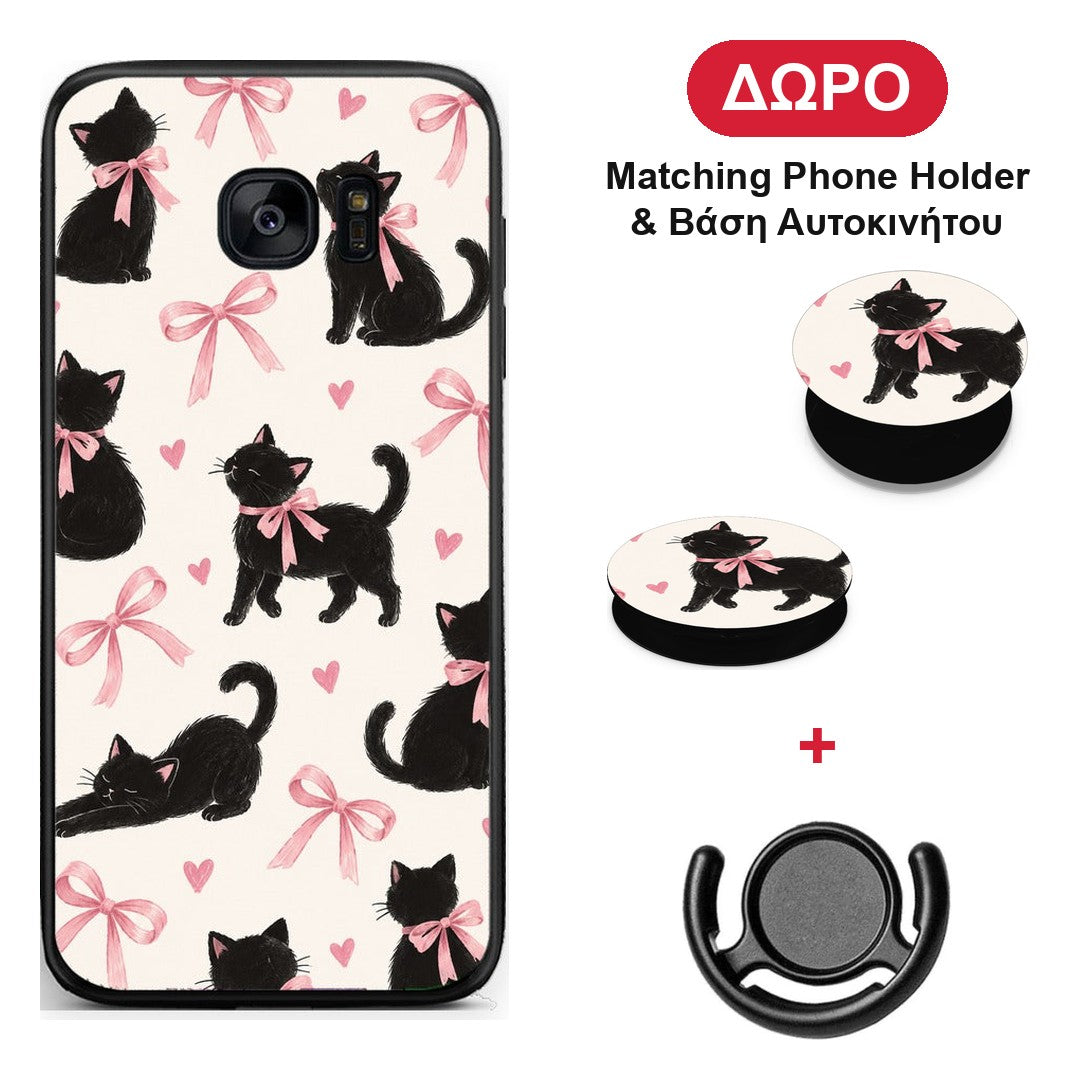 Black Kittens and Pink Bows on Cream Large - Samsung Galaxy S7 θήκη + Δώρο Phone Holder & Βάση Αυτοκινήτου