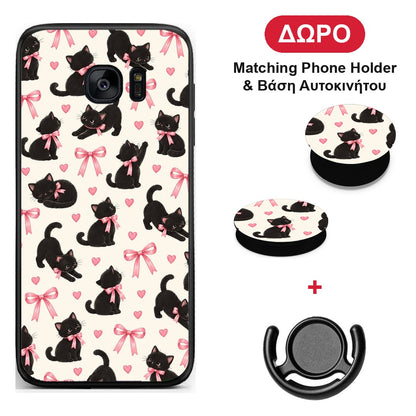 Black Kittens and Pink Bows on Cream Small - Samsung Galaxy S7 θήκη + Δώρο Phone Holder & Βάση Αυτοκινήτου
