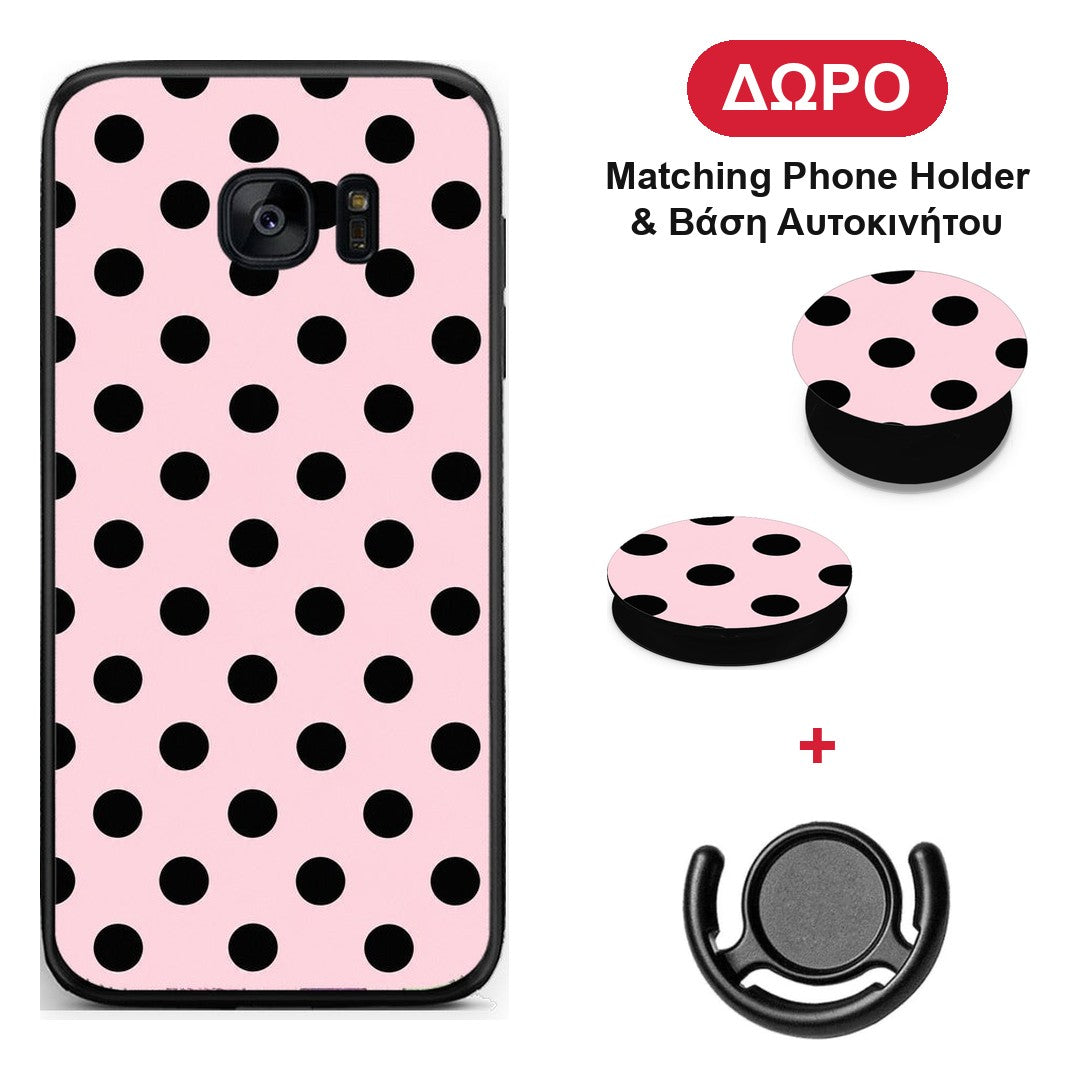 Black Polka Dots on Pink - Samsung Galaxy S7 θήκη + Δώρο Phone Holder & Βάση Αυτοκινήτου