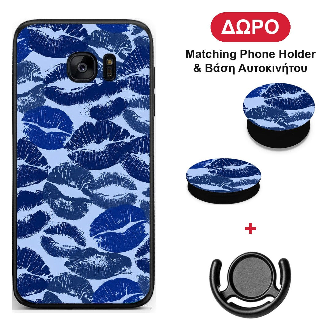 Blue Lipstick Kisses - Samsung Galaxy S7 θήκη + Δώρο Phone Holder & Βάση Αυτοκινήτου