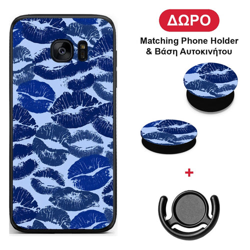 Blue Lipstick Kisses - Samsung Galaxy S7 θήκη + Δώρο Phone Holder & Βάση Αυτοκινήτου