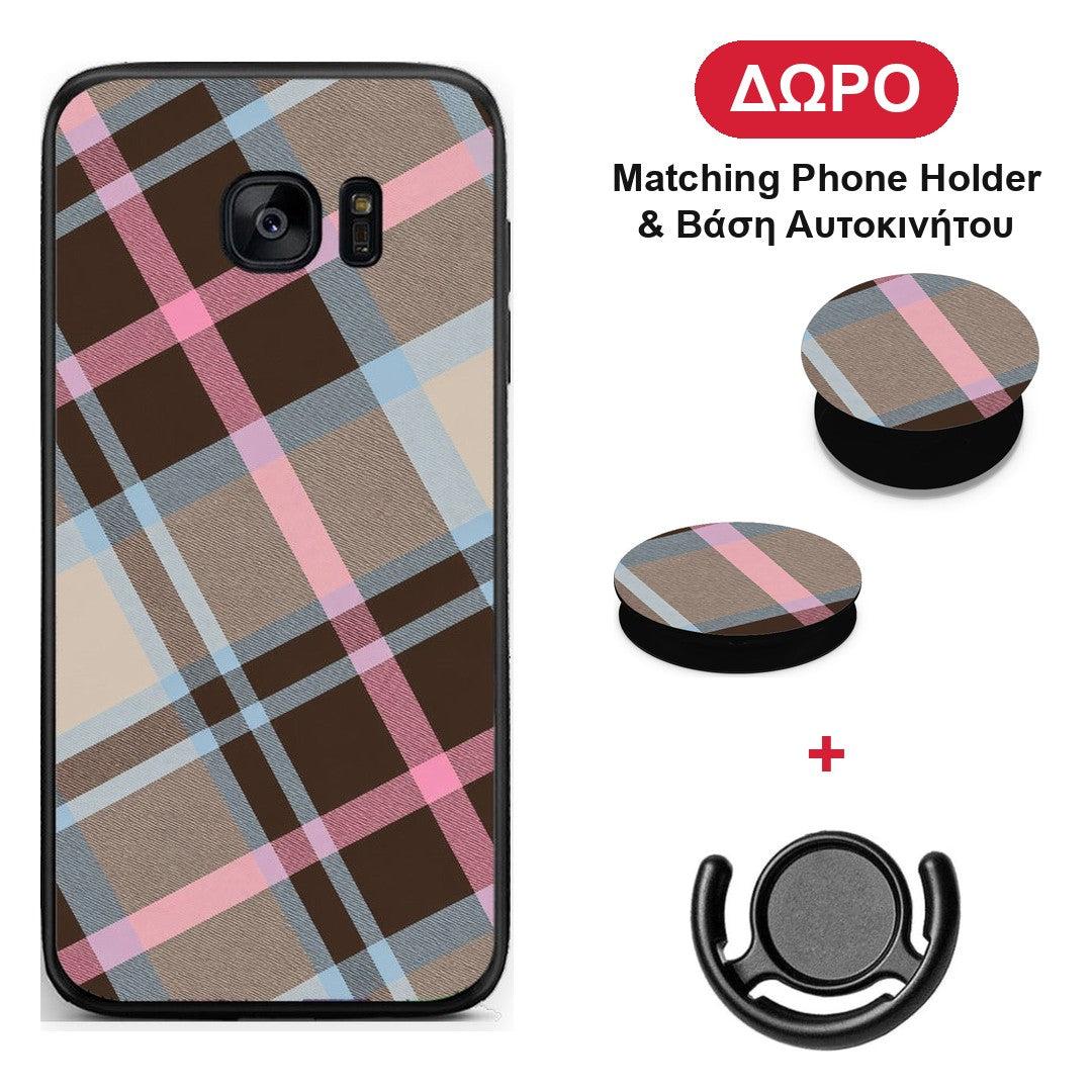 Brown Pink and Blue Diagonal Plaid - Samsung Galaxy S7 θήκη + Δώρο Phone Holder & Βάση Αυτοκινήτου