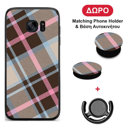 Brown Pink and Blue Diagonal Plaid - Samsung Galaxy S7 θήκη + Δώρο Phone Holder & Βάση Αυτοκινήτου