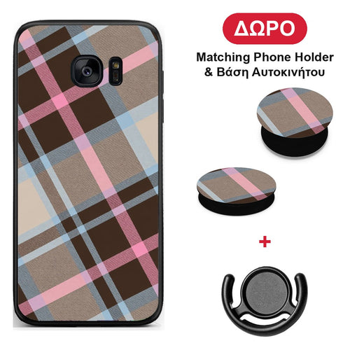 Brown Pink and Blue Diagonal Plaid - Samsung Galaxy S7 θήκη + Δώρο Phone Holder & Βάση Αυτοκινήτου
