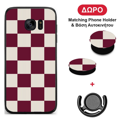 Burgundy and Cream Striped Checks - Samsung Galaxy S7 θήκη + Δώρο Phone Holder & Βάση Αυτοκινήτου