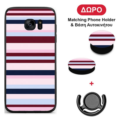 Burgundy Pink and Blue Horizontal Stripes - Samsung Galaxy S7 θήκη + Δώρο Phone Holder & Βάση Αυτοκινήτου