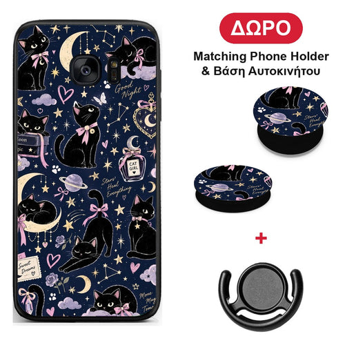 Celestial Black Cats on Navy - Samsung Galaxy S7 θήκη + Δώρο Phone Holder & Βάση Αυτοκινήτου