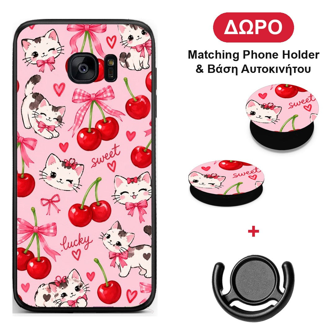 Cherries Bows and Kittens on Pink - Samsung Galaxy S7 θήκη + Δώρο Phone Holder & Βάση Αυτοκινήτου