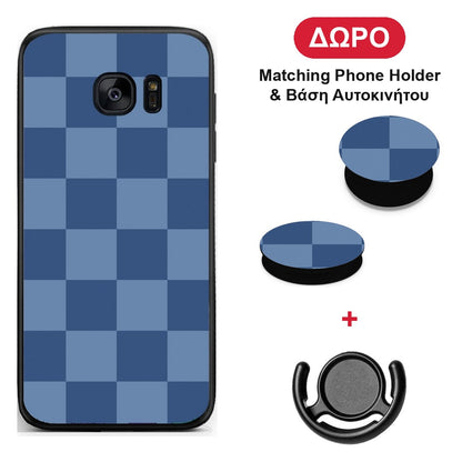 Denim Blue Checkerboard - Samsung Galaxy S7 θήκη + Δώρο Phone Holder & Βάση Αυτοκινήτου