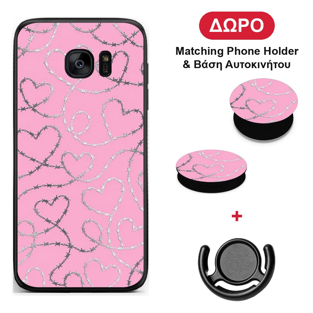 Barbed Wire Hearts on Pink - Samsung Galaxy S7 Edge θήκη + Δώρο Phone Holder & Βάση Αυτοκινήτου