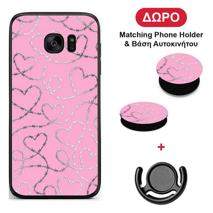 Barbed Wire Hearts on Pink - Samsung Galaxy S7 Edge θήκη + Δώρο Phone Holder & Βάση Αυτοκινήτου