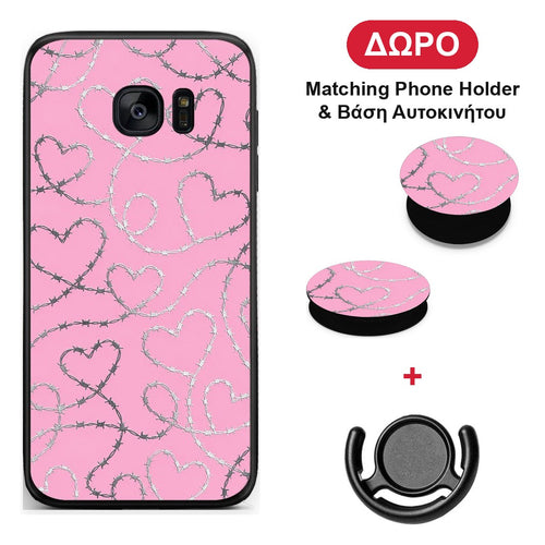 Barbed Wire Hearts on Pink - Samsung Galaxy S7 Edge θήκη + Δώρο Phone Holder & Βάση Αυτοκινήτου