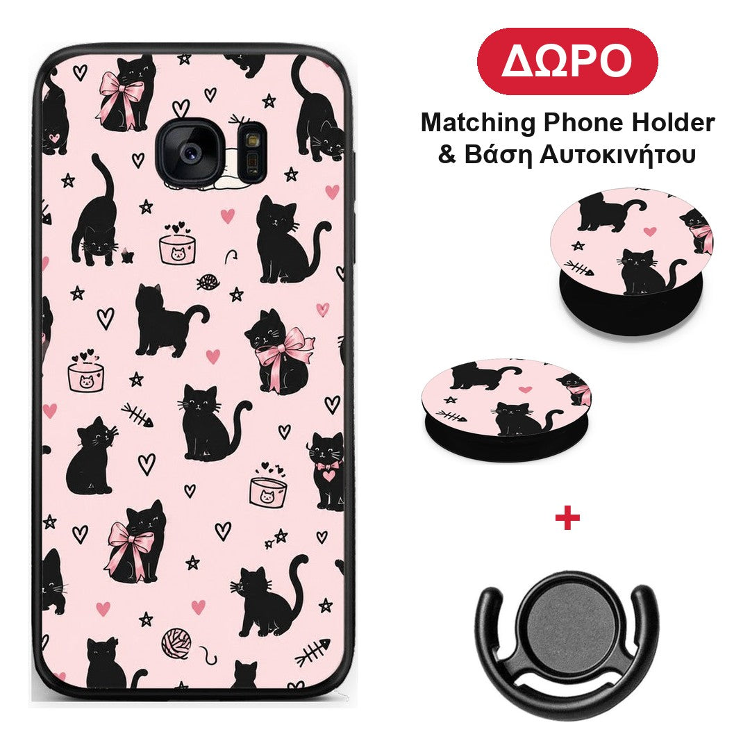 Black Cat Doodles on Pink - Samsung Galaxy S7 Edge θήκη + Δώρο Phone Holder & Βάση Αυτοκινήτου