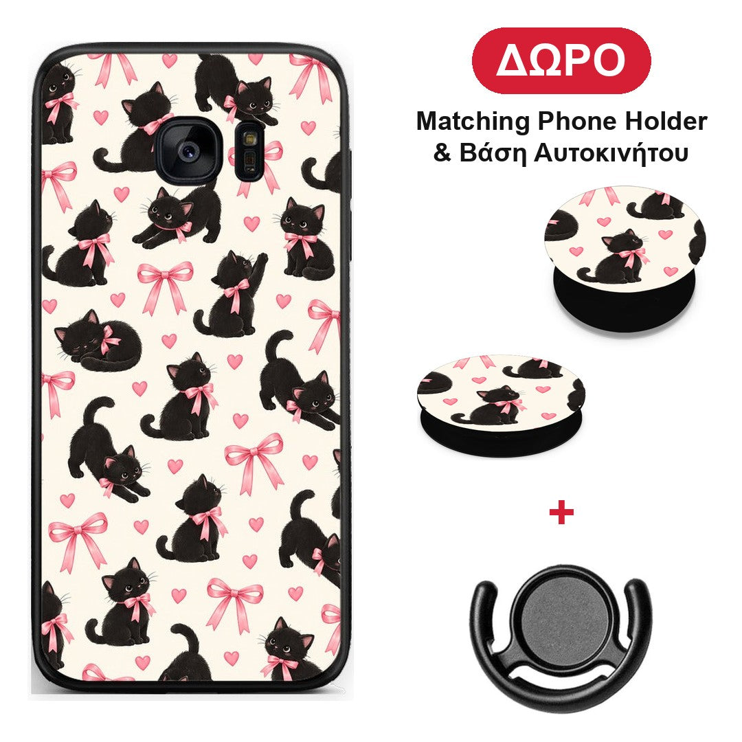 Black Kittens and Pink Bows on Cream Small - Samsung Galaxy S7 Edge θήκη + Δώρο Phone Holder & Βάση Αυτοκινήτου