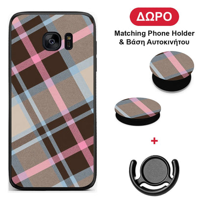 Brown Pink and Blue Diagonal Plaid - Samsung Galaxy S7 Edge θήκη + Δώρο Phone Holder & Βάση Αυτοκινήτου