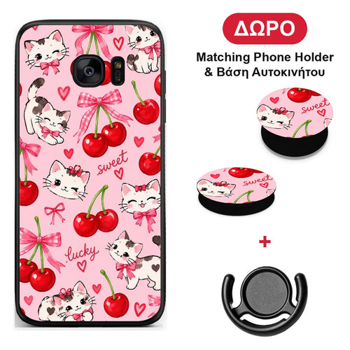 Cherries Bows and Kittens on Pink - Samsung Galaxy S7 Edge θήκη + Δώρο Phone Holder & Βάση Αυτοκινήτου