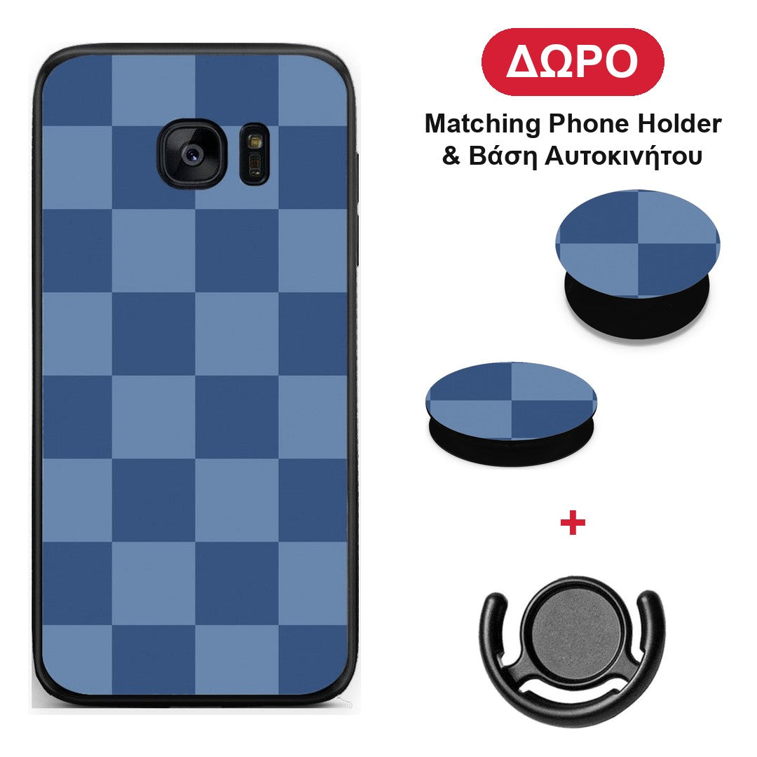 Denim Blue Checkerboard - Samsung Galaxy S7 Edge θήκη + Δώρο Phone Holder & Βάση Αυτοκινήτου