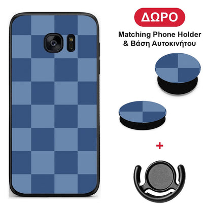 Denim Blue Checkerboard - Samsung Galaxy S7 Edge θήκη + Δώρο Phone Holder & Βάση Αυτοκινήτου