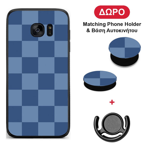 Denim Blue Checkerboard - Samsung Galaxy S7 Edge θήκη + Δώρο Phone Holder & Βάση Αυτοκινήτου