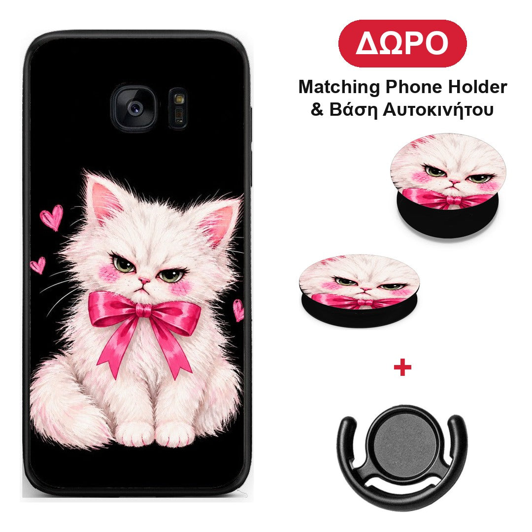 Grumpy Party Kitten on Black - Samsung Galaxy S7 Edge θήκη + Δώρο Phone Holder & Βάση Αυτοκινήτου