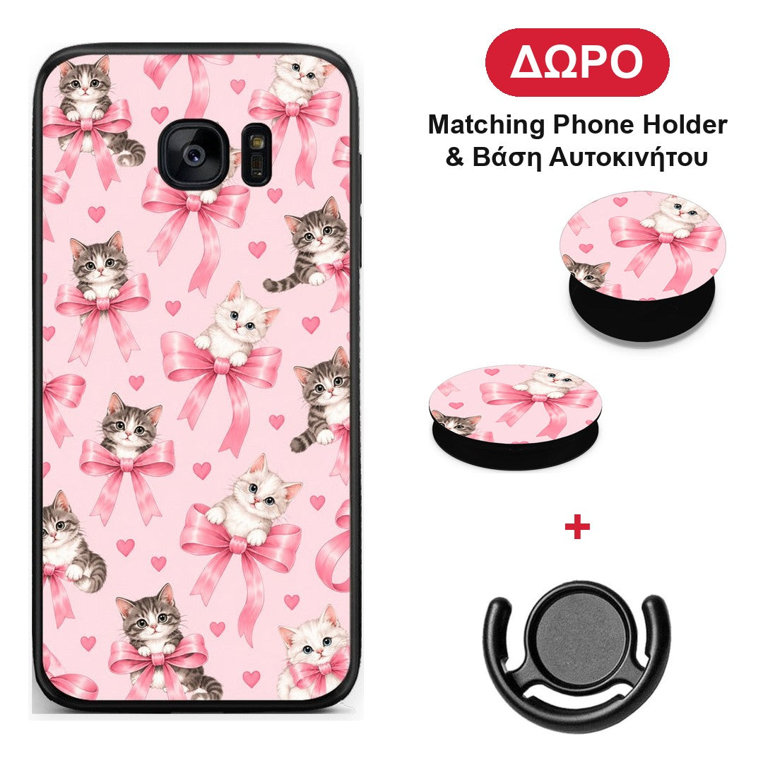 Kittens and Pink Bows on Pink - Samsung Galaxy S7 Edge θήκη + Δώρο Phone Holder & Βάση Αυτοκινήτου