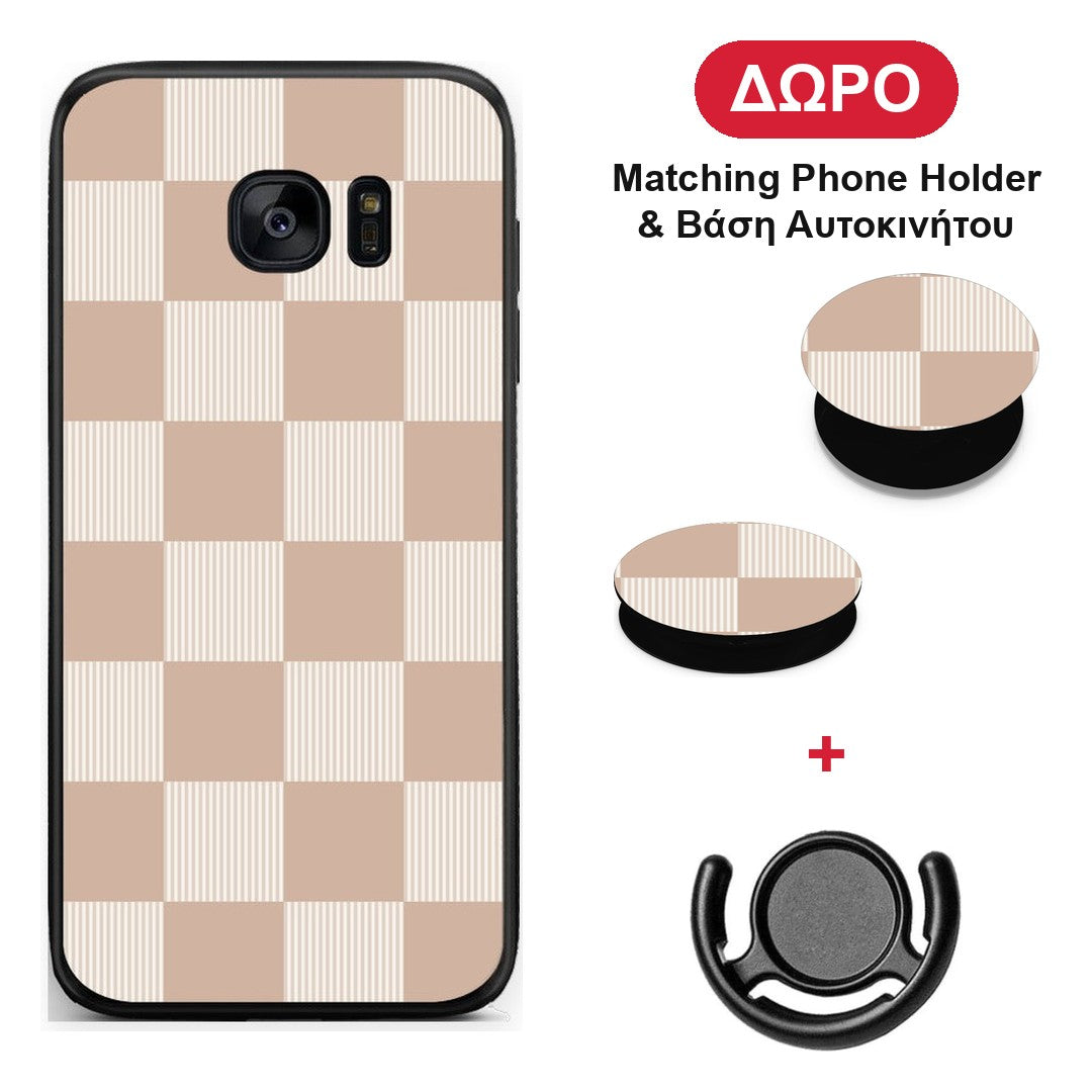 Latte and Cream Striped Checks - Samsung Galaxy S7 Edge θήκη + Δώρο Phone Holder & Βάση Αυτοκινήτου