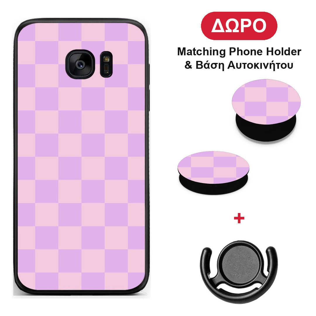 Lavender and Pink Checkerboard - Samsung Galaxy S7 Edge θήκη + Δώρο Phone Holder & Βάση Αυτοκινήτου