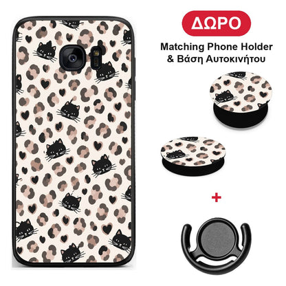 Leopard Spots and Black Cats on Cream - Samsung Galaxy S7 Edge θήκη + Δώρο Phone Holder & Βάση Αυτοκινήτου