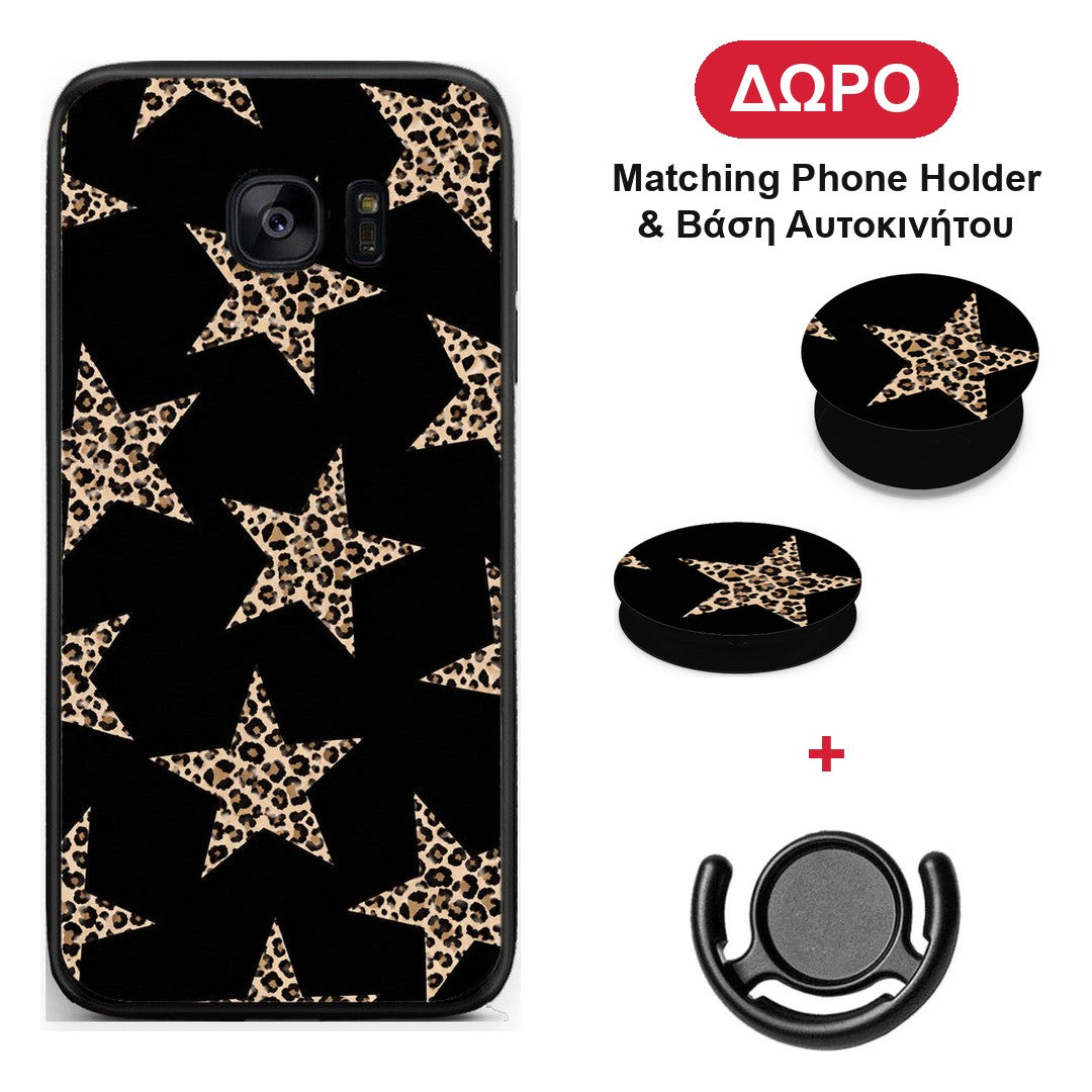 Leopard Stars on Black - Samsung Galaxy S7 Edge θήκη + Δώρο Phone Holder & Βάση Αυτοκινήτου