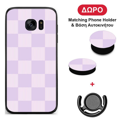 Lilac and Cream Striped Checks - Samsung Galaxy S7 Edge θήκη + Δώρο Phone Holder & Βάση Αυτοκινήτου