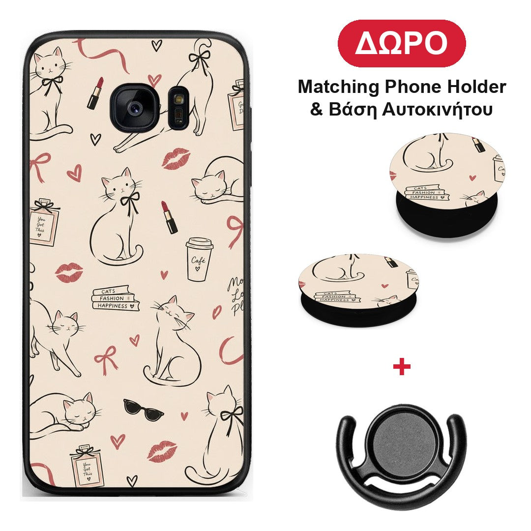 Minimal Cat and Fashion Doodles on Cream - Samsung Galaxy S7 Edge θήκη + Δώρο Phone Holder & Βάση Αυτοκινήτου