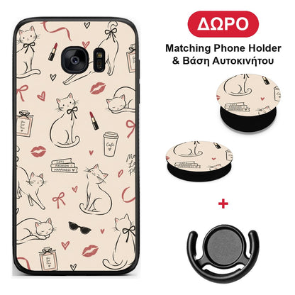 Minimal Cat and Fashion Doodles on Cream - Samsung Galaxy S7 Edge θήκη + Δώρο Phone Holder & Βάση Αυτοκινήτου